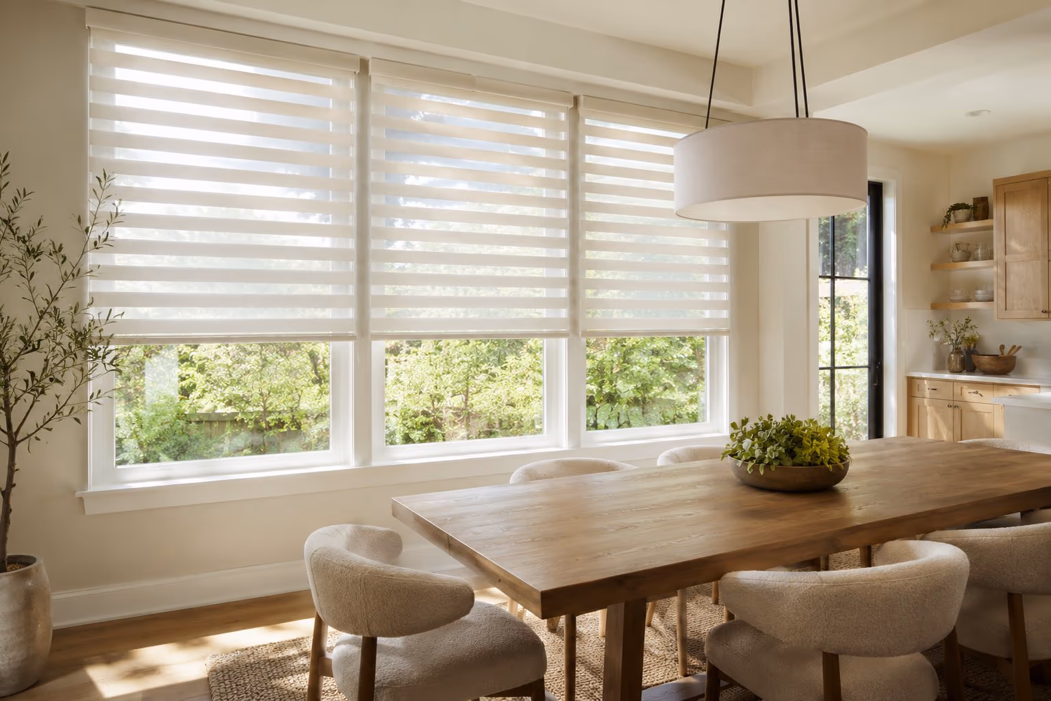 Sheer window shadings with horizontal vanes in a bright Sonoma County home — Alta Window Shadings installed by Discount Best Blinds of Santa Rosa, CA.